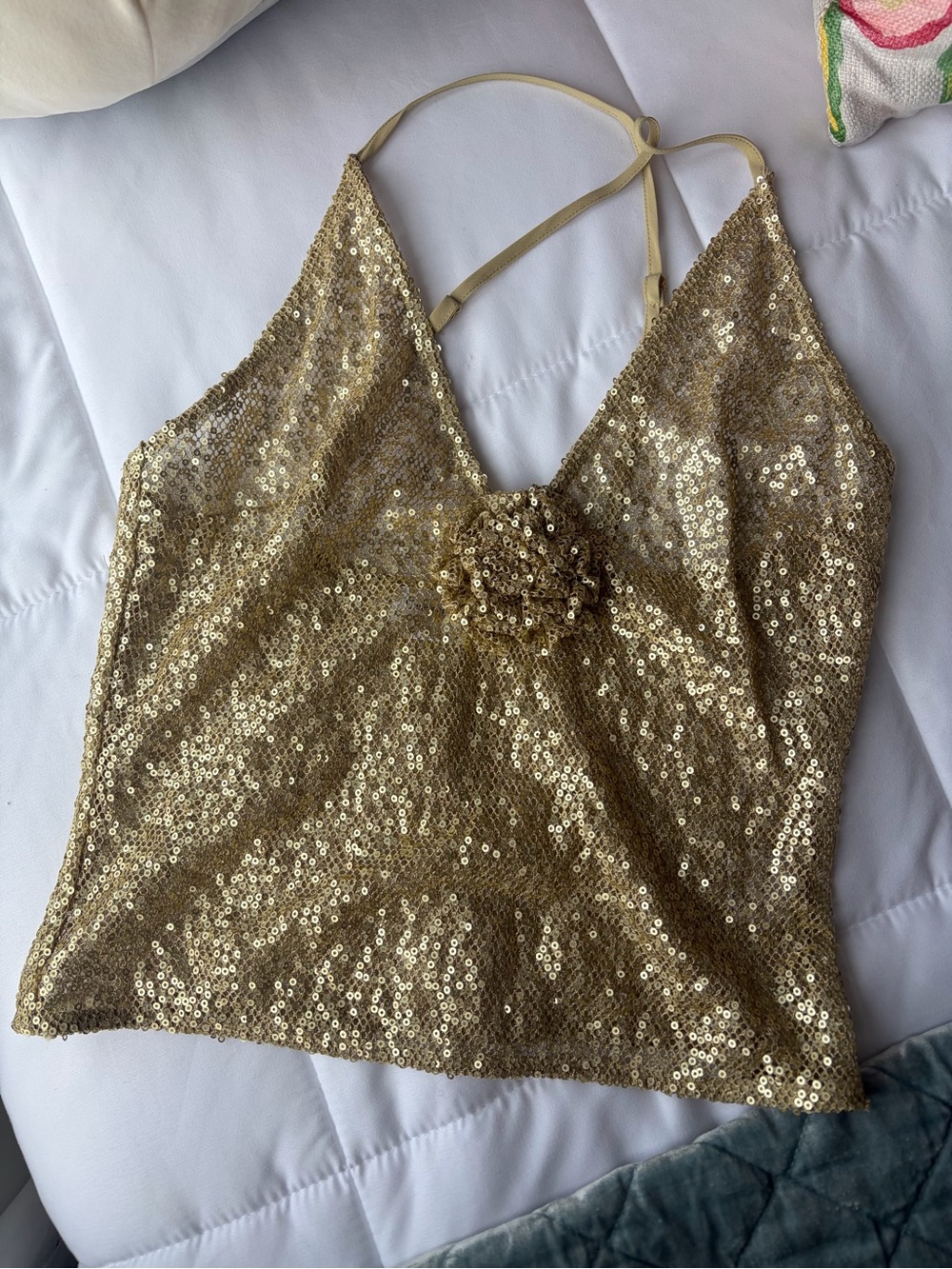 Lovers + Friends Gold Sequin Halter Tank with Flower Accent